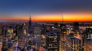 aerial view photography of concrete buildings, photography, sunset, New York City HD wallpaper