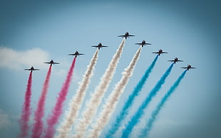 vignette photo formed of releasing smoke planes, airplane, contrails, Patrouille de France HD wallpaper