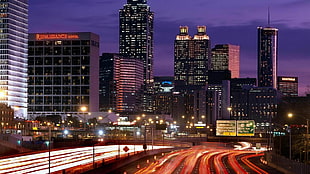 concrete building, cityscape, Atlanta, traffic, long exposure