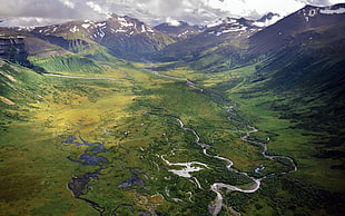 aerial photo of a mountain, landscape, nature, valley, river
