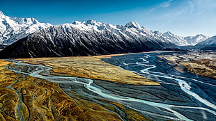 brown and black wooden table, landscape, Aoraki / Mount Cook, mountains, New Zealand