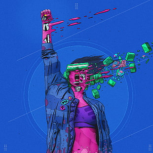 woman wearing blue zip-up jacket disintegrated illustration, abstract, women, skeleton, cyberpunk
