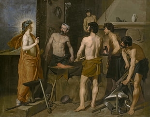 group of blacksmith making weapon talking to angel painting