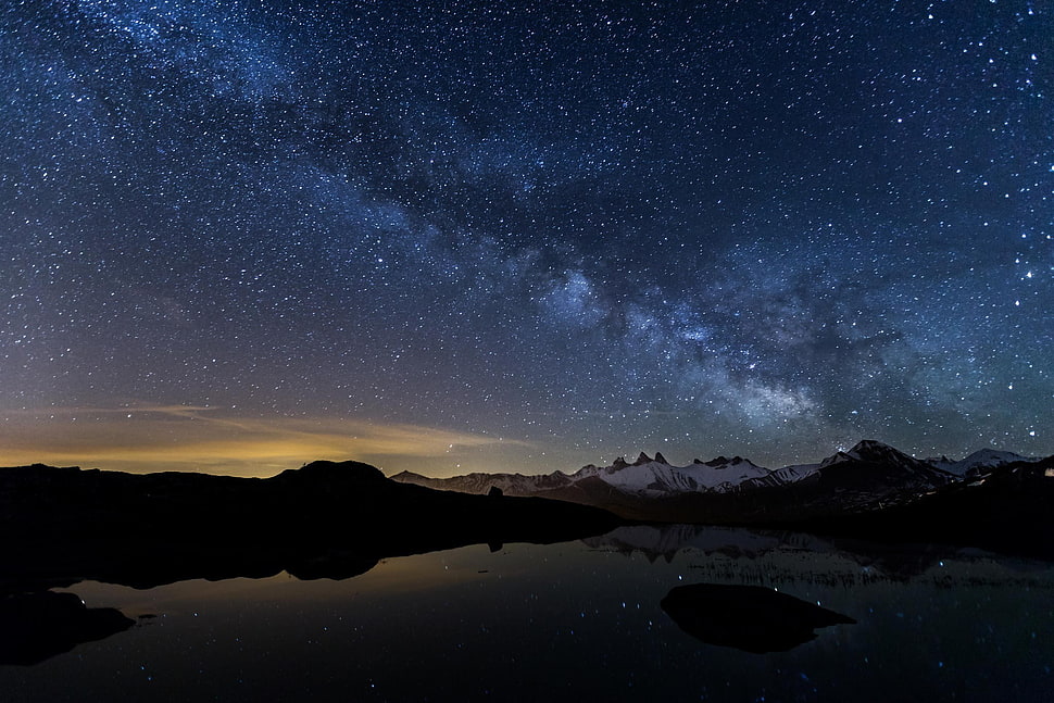 nebula and mountains, sky, night, stars, landscape HD wallpaper