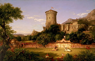 painting of castle, architecture, building, painting, artwork