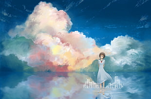 brown haired female character digital wallpaper, original characters, landscape, clouds