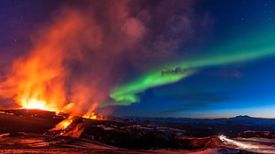 Aurora Northern Lights, aurorae, volcano, nature, sky