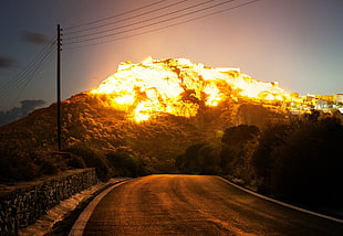 brown wooden bed frame with brown bed sheet, mountains, Sun, reflection, explosion