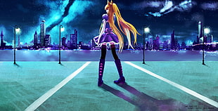yellow-haired female anime character, nekomimi, city, night
