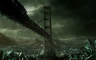 bridge illustration, artwork, apocalyptic, bridge, crystal  HD wallpaper