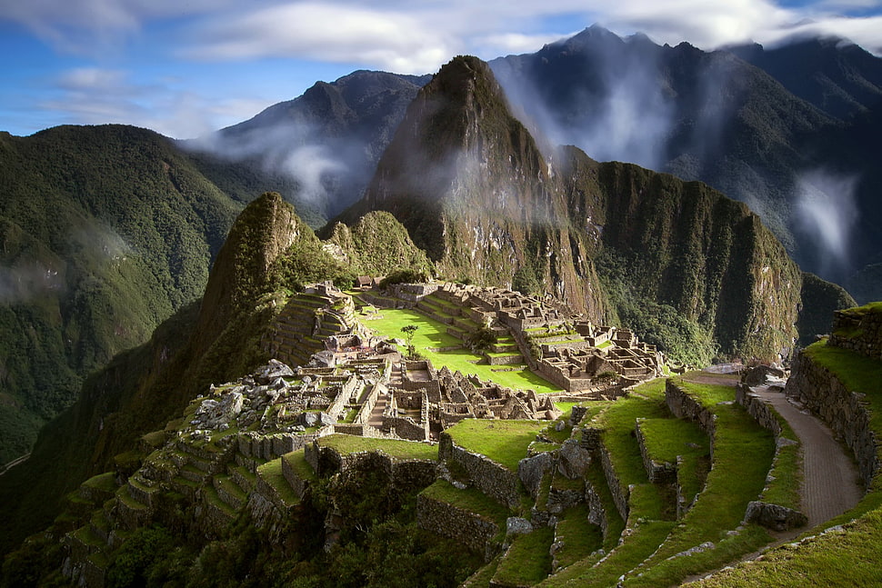 aerial photo of ruins, Machu Picchu, mountains, landscape, Peru HD wallpaper