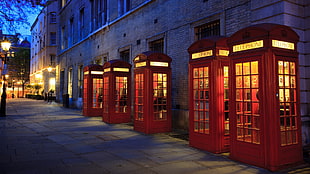 five red telephone booths, city, cityscape, England, telephone