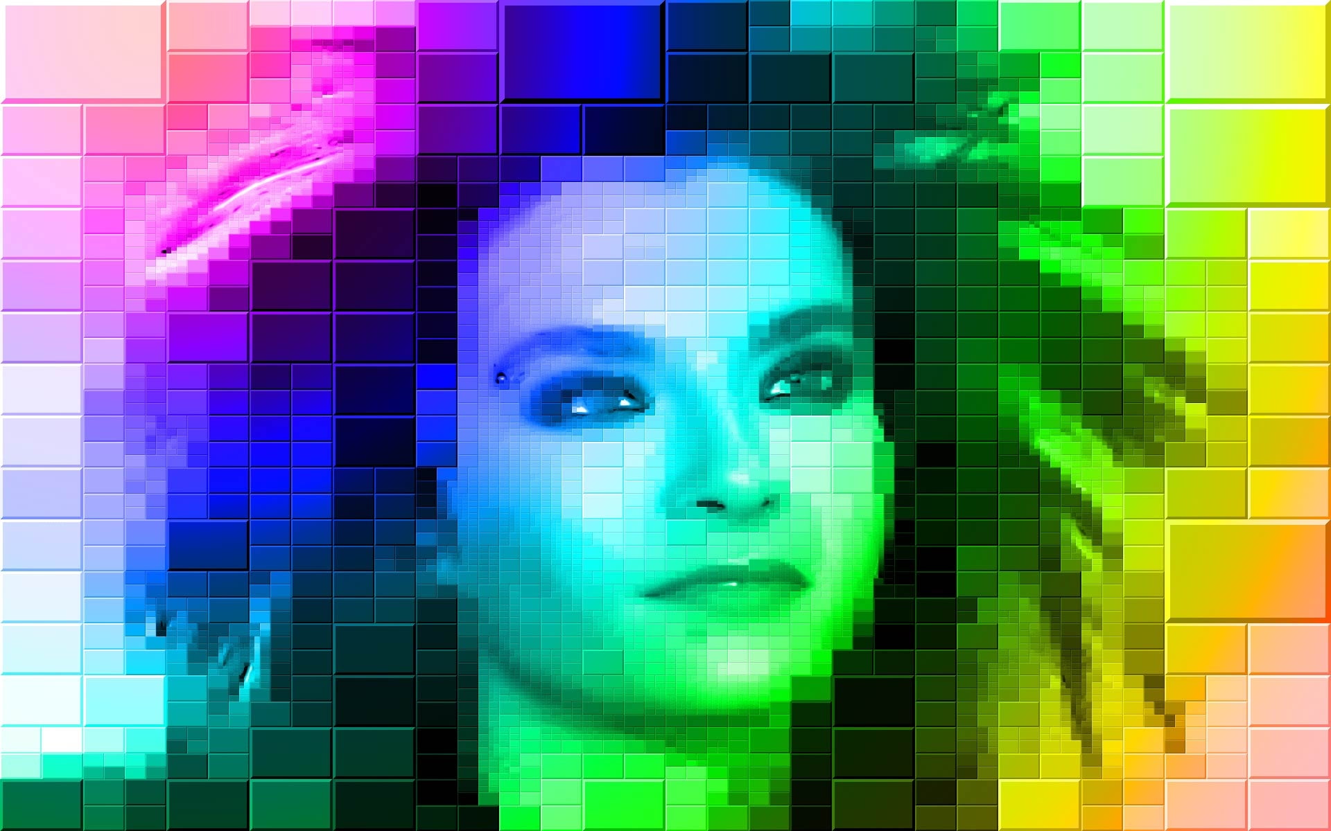 close up photograph of woman with curl short hair with multi-colored background