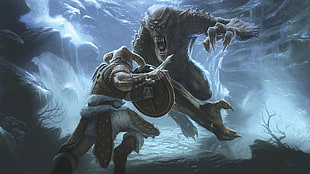 barbarian fighting monster digital wallpaper