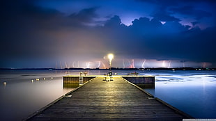 brown wooden ocean dock, landscape, pier, lightning, clouds