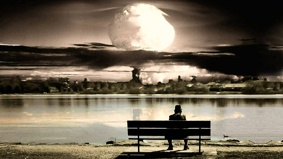 man sitting on bench while looking at the moon graphic wallpaper, hat, bench, explosion, apocalyptic HD wallpaper
