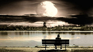 man sitting on bench while looking at the moon graphic wallpaper, hat, bench, explosion, apocalyptic HD wallpaper