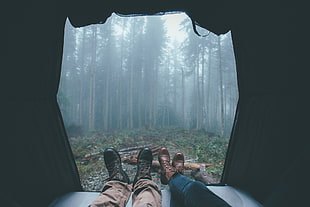 two pairs of black and brown leather boots, tent, trees, vacation, relaxing