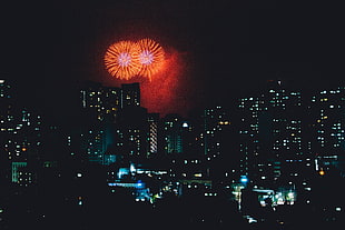 orange fireworks, City, Salute, Fireworks