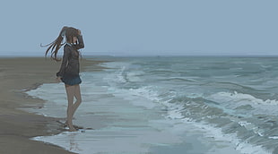 women's gray long-sleeved shirt and blue miniskirt, beach, water, sand, skirt