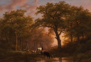 painting of animals near green trees