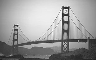 black and white wooden house, bridge, Golden Gate Bridge, San Francisco, monochrome