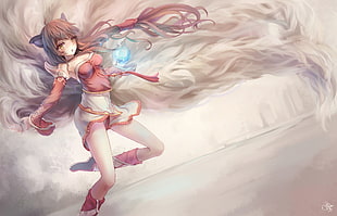 woman anime character with red and white suit, Ahri, League of Legends, Jay Xu, animal ears HD wallpaper