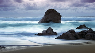 white and black sea waves, beach, rock, waves, sea HD wallpaper