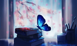 blue butterfly on stack of books painting, butterfly, books, table, Life Is Strange