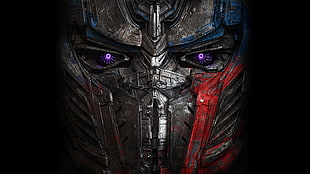 grey, blue and red robot face with dark background digital wallpaper