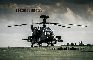 gray and black helicopter with text overlay, attack helicopters, gender, humor, Boeing Apache AH-64D