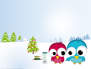 two blue and pink owls near blender and Christmas tree illustration