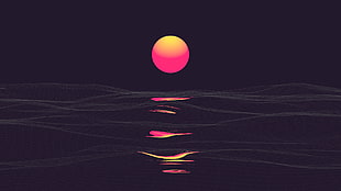 orange and red sun illustration, landscape, abstract, vaporwave, purple background