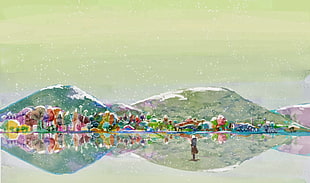 trees near mountains painting, Mushishi, artwork, snow, reflection