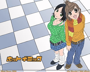 two anime girls standing near each other graphic illustration