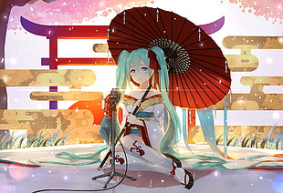Hatsune Miku with red umbrella HD wallpaper