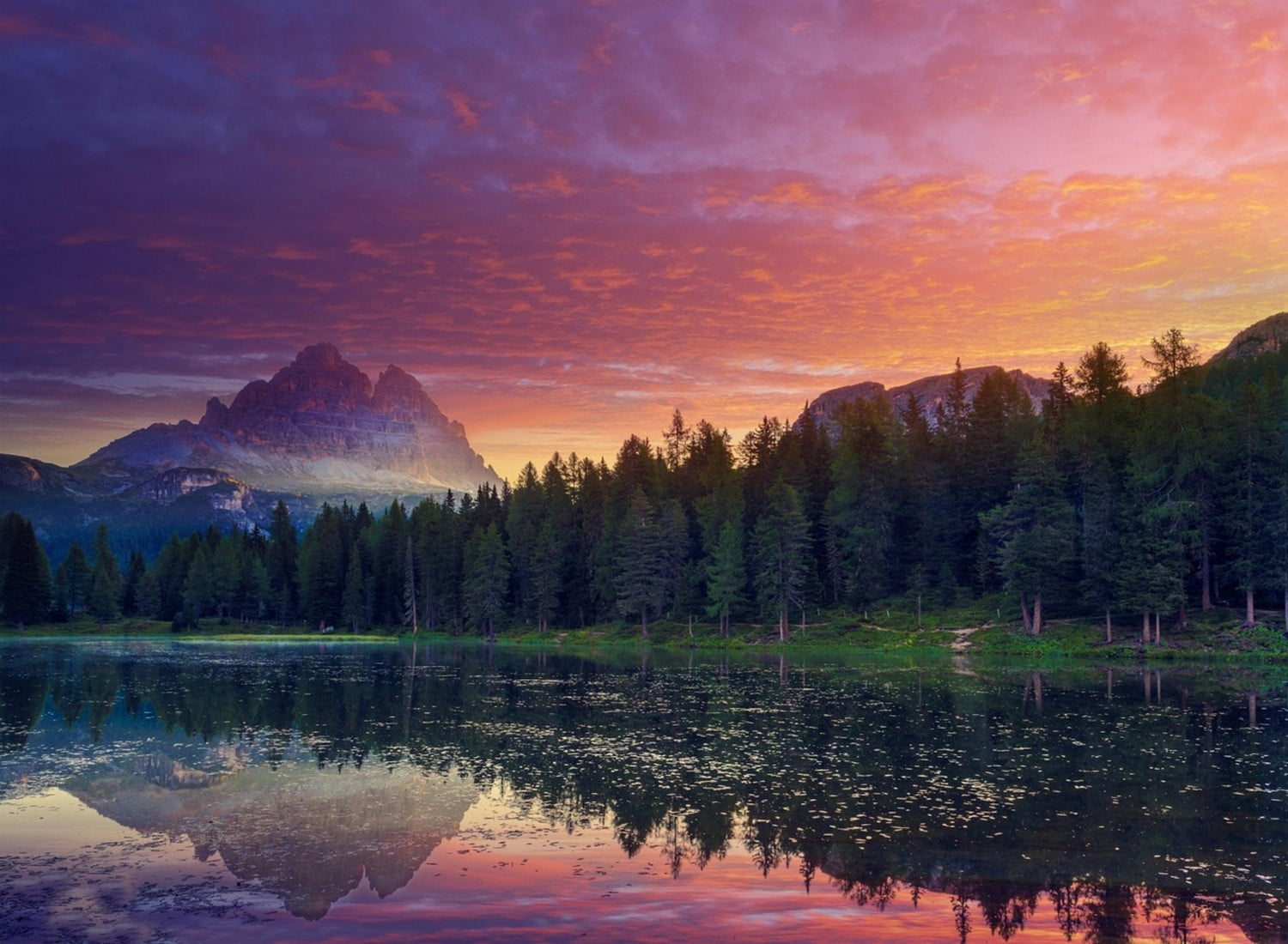 pine trees and body of water, nature, landscape, sunset, mountains