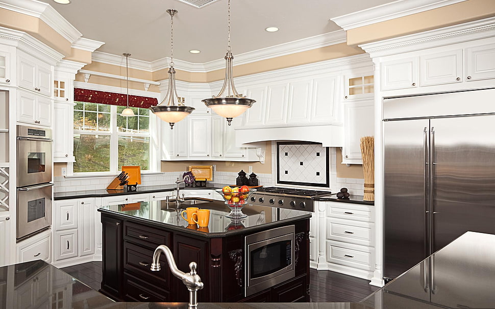 white and black kitchen range, kitchen, table, food, lunch HD wallpaper