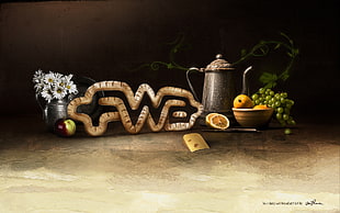 still life painting if fruits and teapot