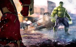 hulk facing iron-man illustration HD wallpaper