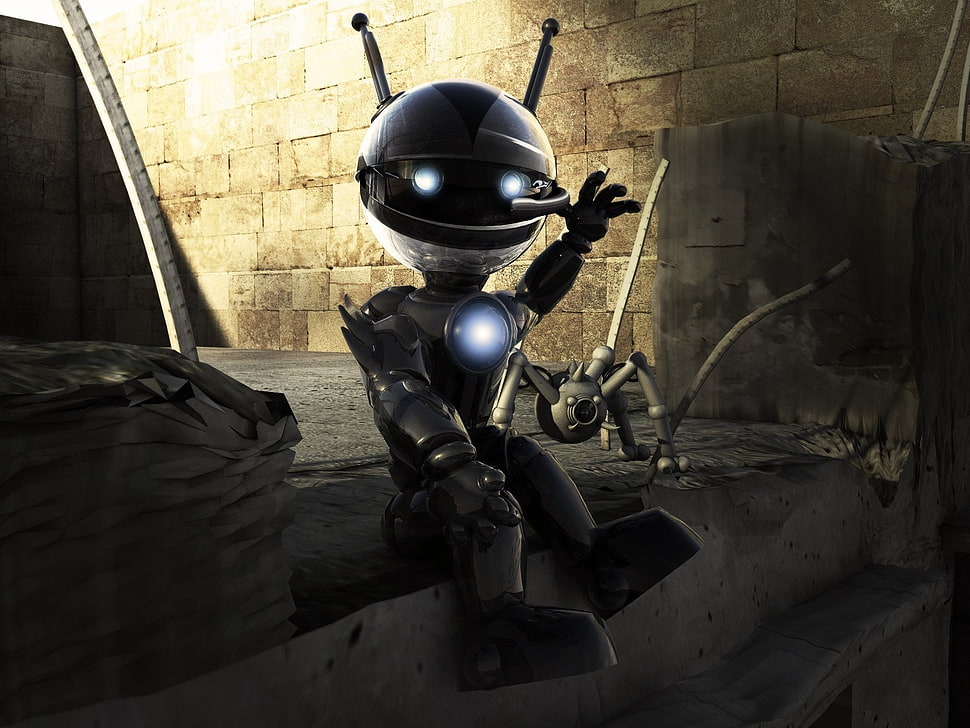 gray and black robot illustration HD wallpaper