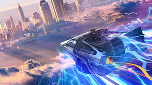 car illustration, The Time Machine, Back to the Future, DMC DeLorean, flying HD wallpaper