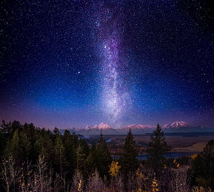 landscape photo of white mountain ridge near body of water and green trees with and stargazing photography at night time