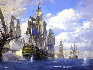 illustration of galleon ships, England, Spain, armada, cannons HD wallpaper
