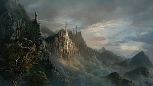 grey castle illustration, fantasy art, digital art, render