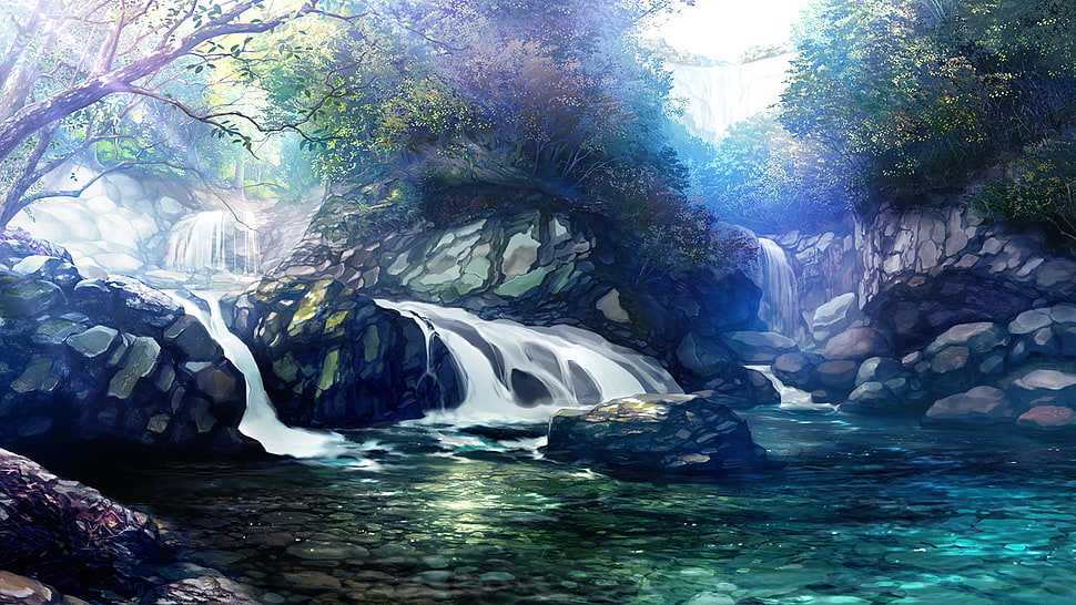 waterfalls and trees painting, fantasy art, artwork HD wallpaper
