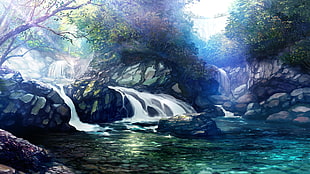 waterfalls and trees painting, fantasy art, artwork