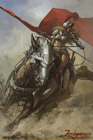 female knight riding horse painting, fantasy art