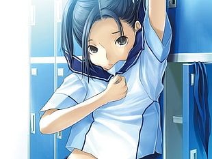blue-haired female anime character digital wallpaper