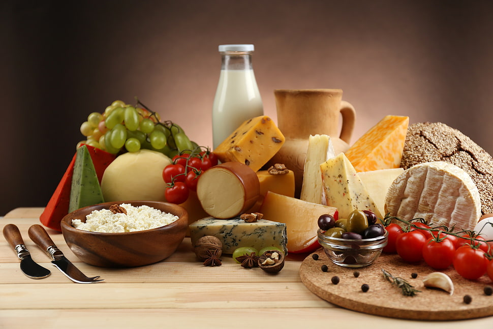 assorted-type cheese blocks and red cherry tomatoes, food HD wallpaper